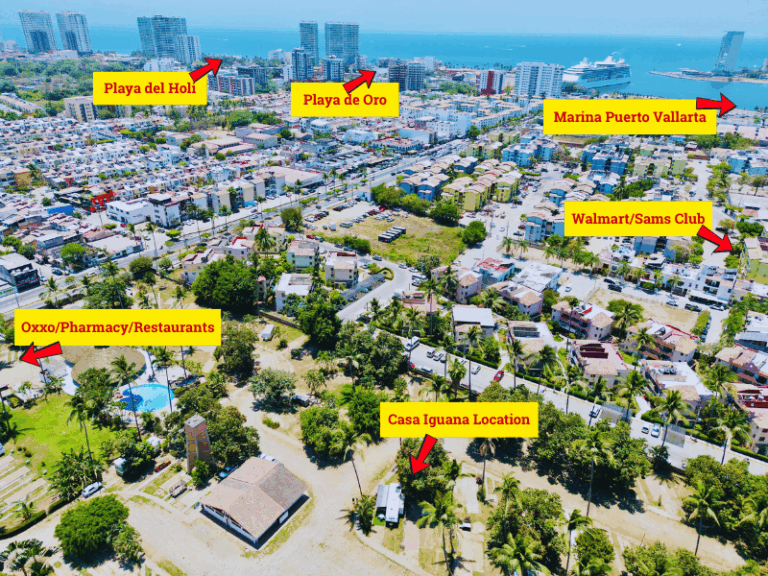 Puerto Vallarta RV rental surroundings including OXXO convenience store, pharmacy, marina, beach, and resort amenities